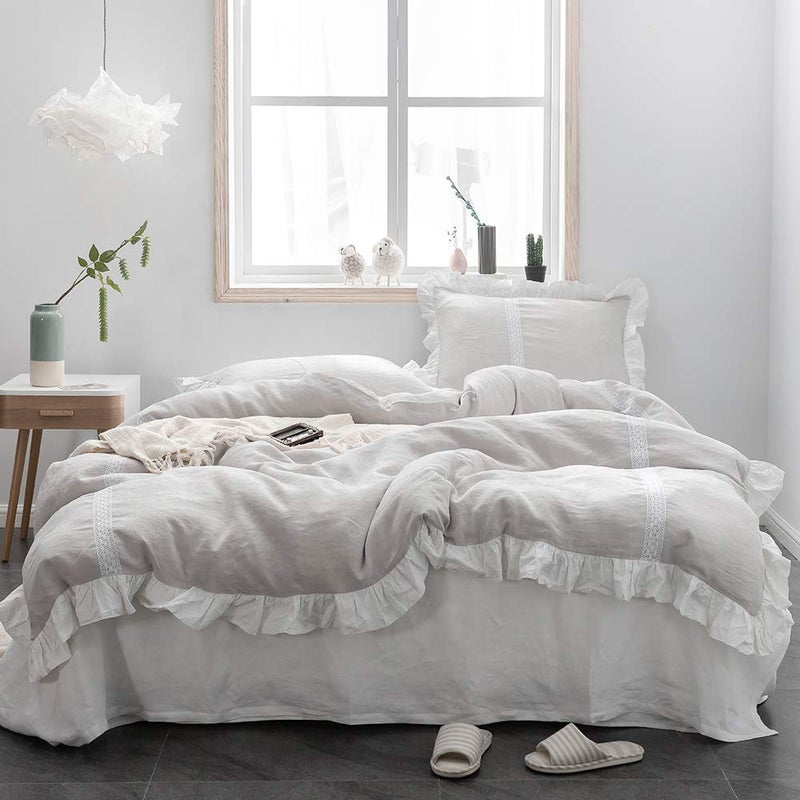 Simple&Opulence 100% Linen Duvet Cover Set (104"x92") Floral Flax King Size, Shabby Chic Ruffle Edge Lace Insert Decoration, 3 Pcs Farmhouse Bedding-1 Comforter Cover 2 Pillow Shams, Floral Grey - Image 1